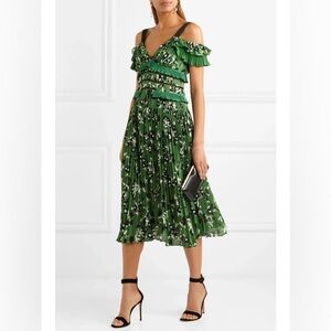 NWOT Self-Portrait Cold Shoulder Pleated Floral Midi Dress Meghan Markle Green 4